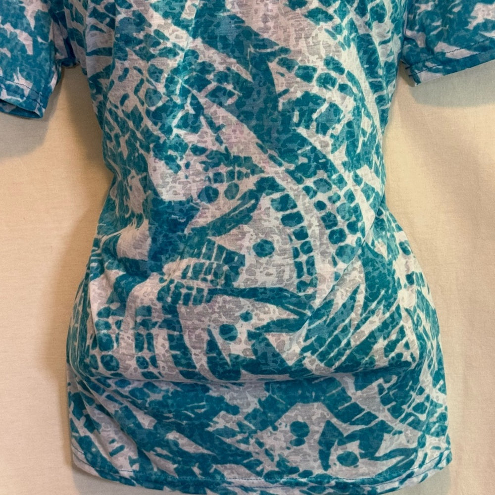 Kim Rogers Teal & White Short Sleeve Blouse Size Large