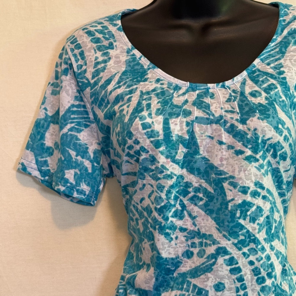 Kim Rogers Teal & White Short Sleeve Blouse Size Large