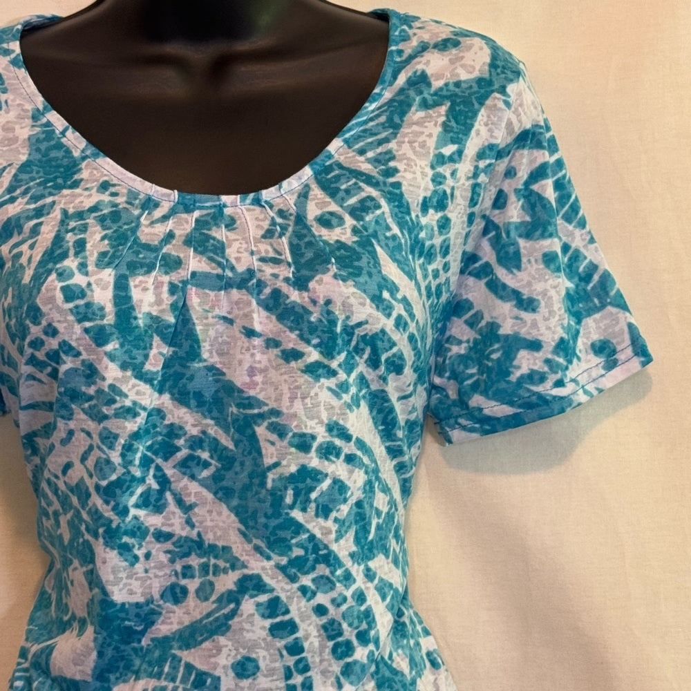 Kim Rogers Teal & White Short Sleeve Blouse Size Large