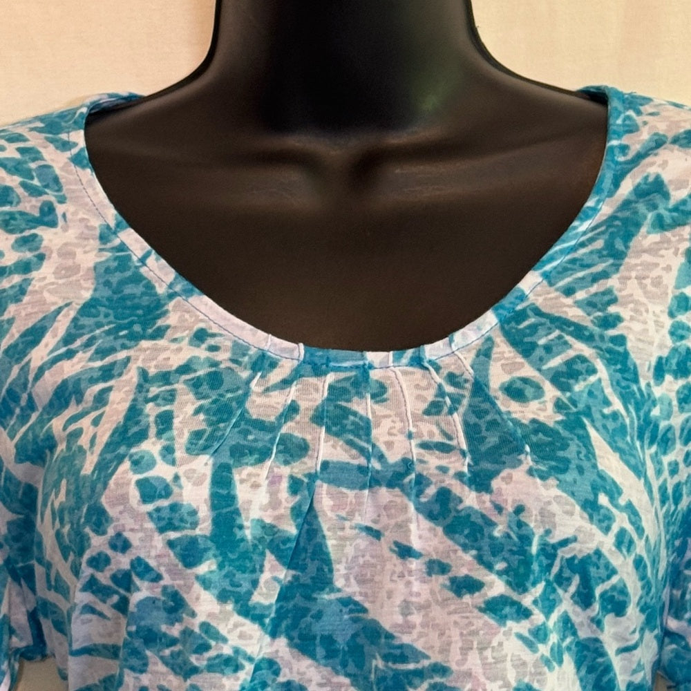 Kim Rogers Teal & White Short Sleeve Blouse Size Large