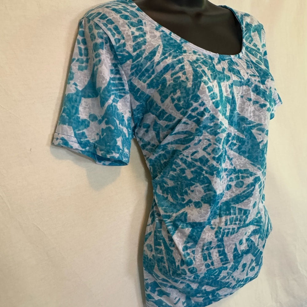 Kim Rogers Teal & White Short Sleeve Blouse Size Large
