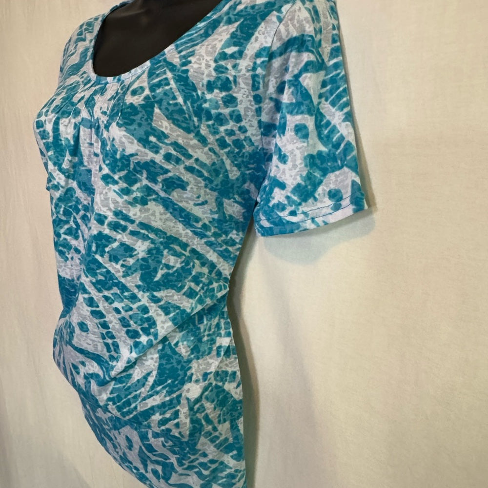 Kim Rogers Teal & White Short Sleeve Blouse Size Large