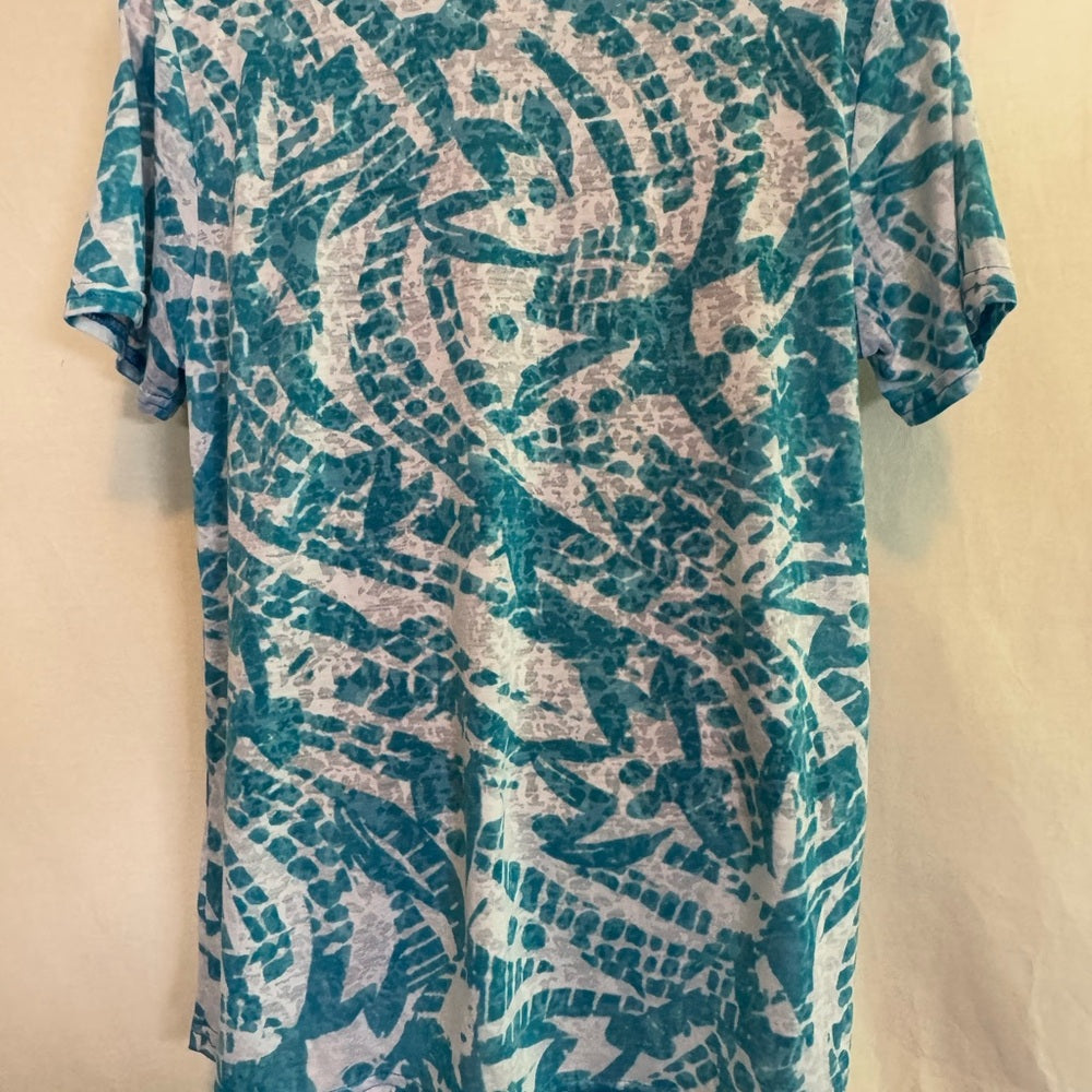 Kim Rogers Teal & White Short Sleeve Blouse Size Large