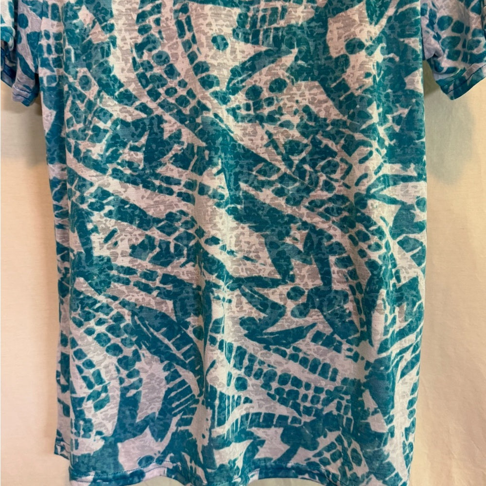 Kim Rogers Teal & White Short Sleeve Blouse Size Large