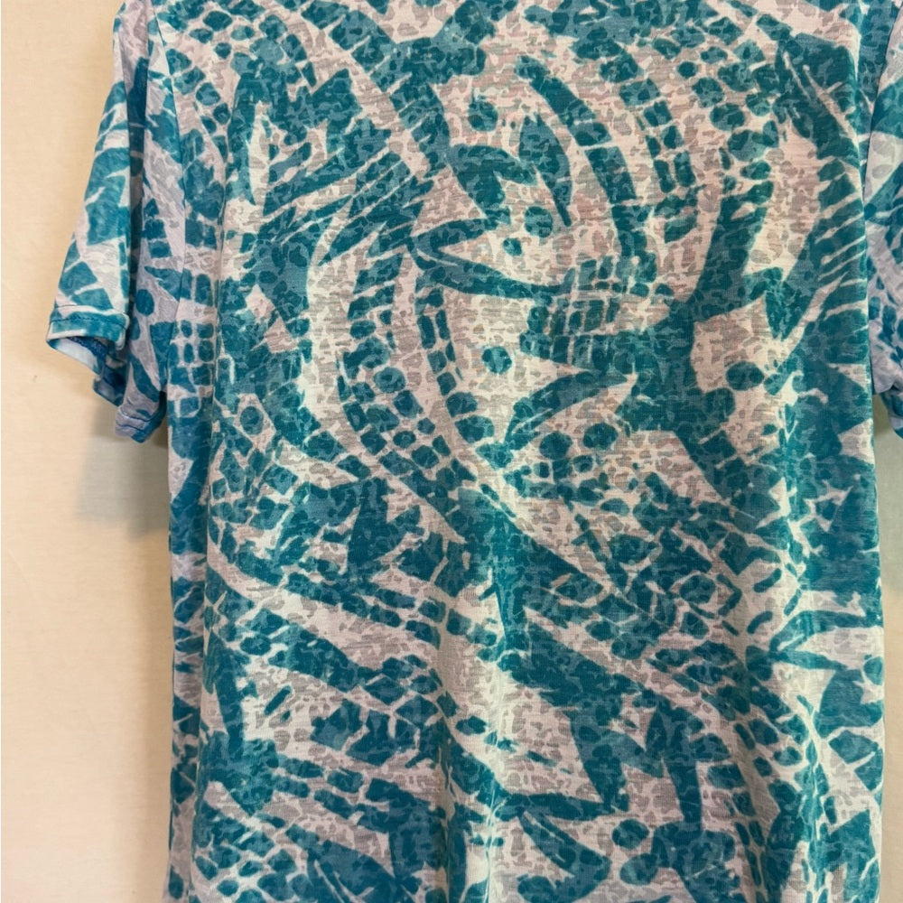 Kim Rogers Teal & White Short Sleeve Blouse Size Large