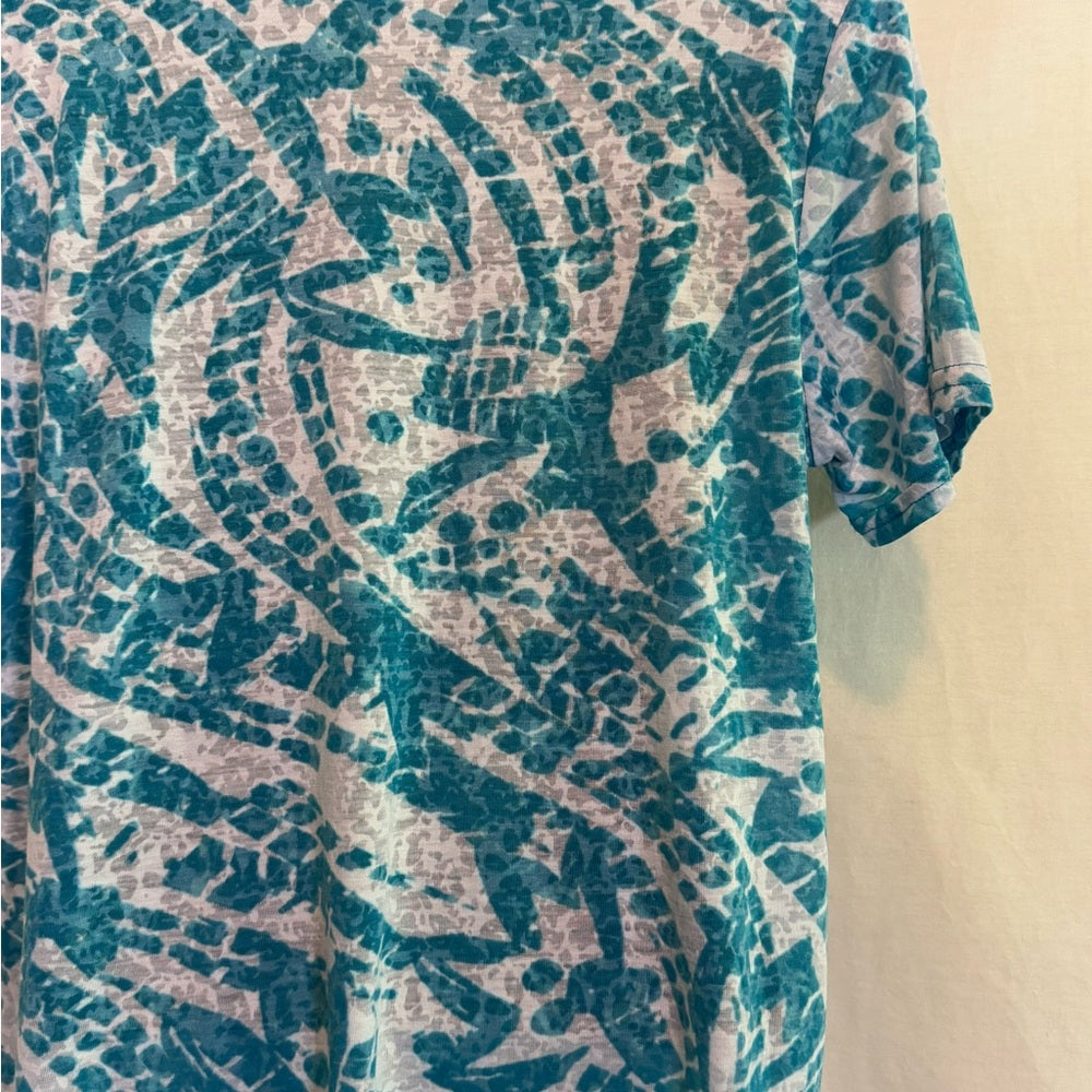 Kim Rogers Teal & White Short Sleeve Blouse Size Large
