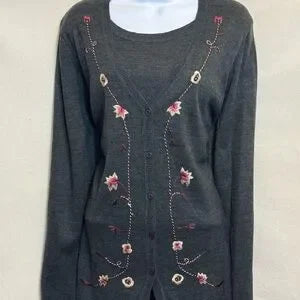 B-274 Requirements Vintage Gray‎ Embroidered 2 Piece Sweater Maxi Skirt Set Sz L