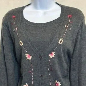 B-274 Requirements Vintage Gray‎ Embroidered 2 Piece Sweater Maxi Skirt Set Sz L