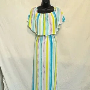B-126‎ Peach Love California NWT Ruffle Colorful Stripe Maxi Dress Size M