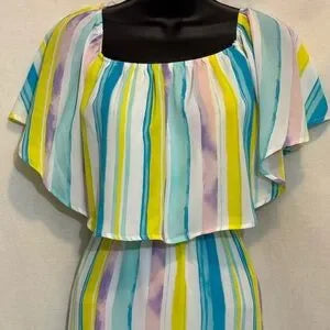 B-126‎ Peach Love California NWT Ruffle Colorful Stripe Maxi Dress Size M
