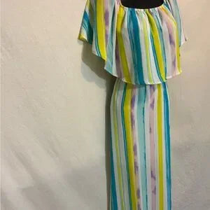 B-126‎ Peach Love California NWT Ruffle Colorful Stripe Maxi Dress Size M