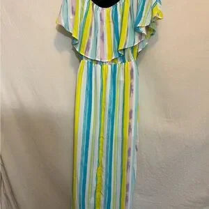 B-126‎ Peach Love California NWT Ruffle Colorful Stripe Maxi Dress Size M