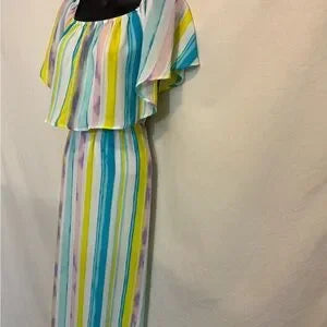 B-126‎ Peach Love California NWT Ruffle Colorful Stripe Maxi Dress Size M