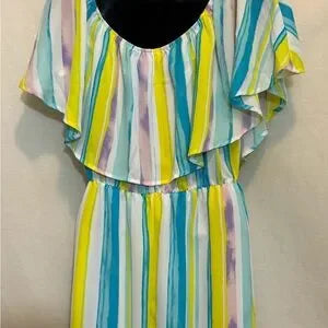B-126‎ Peach Love California NWT Ruffle Colorful Stripe Maxi Dress Size M
