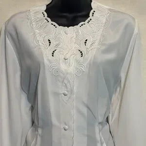 D-59 Anne Larson Vintage White Lace & Embroidered Long Sleeve Blouse Size MP‎