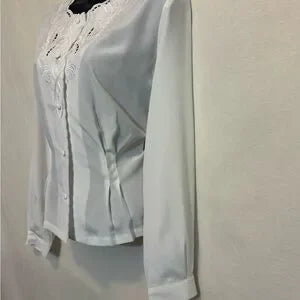 D-59 Anne Larson Vintage White Lace & Embroidered Long Sleeve Blouse Size MP‎