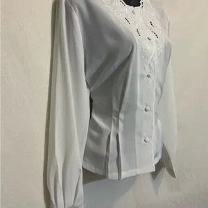 D-59 Anne Larson Vintage White Lace & Embroidered Long Sleeve Blouse Size MP‎