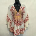 E-124 Free People Cream Red & Orange Ruffle Flowy Sleeve Pullover Blouse Size XS