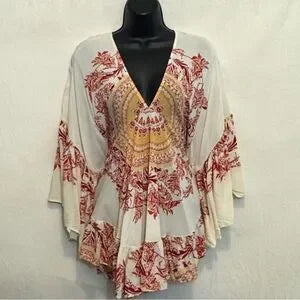 E-124 Free People Cream Red & Orange Ruffle Flowy Sleeve Pullover Blouse Size XS