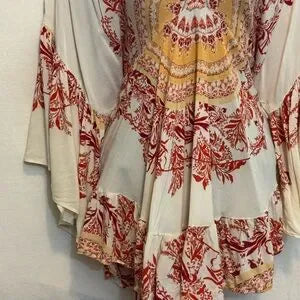 E-124 Free People Cream Red & Orange Ruffle Flowy Sleeve Pullover Blouse Size XS
