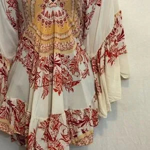 E-124 Free People Cream Red & Orange Ruffle Flowy Sleeve Pullover Blouse Size XS