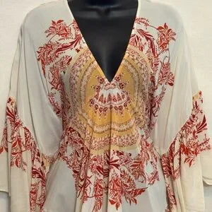 E-124 Free People Cream Red & Orange Ruffle Flowy Sleeve Pullover Blouse Size XS