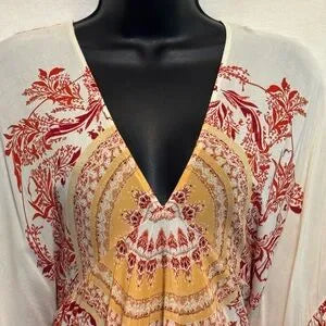 E-124 Free People Cream Red & Orange Ruffle Flowy Sleeve Pullover Blouse Size XS
