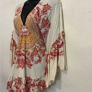 E-124 Free People Cream Red & Orange Ruffle Flowy Sleeve Pullover Blouse Size XS