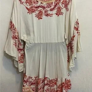 E-124 Free People Cream Red & Orange Ruffle Flowy Sleeve Pullover Blouse Size XS