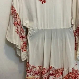 E-124 Free People Cream Red & Orange Ruffle Flowy Sleeve Pullover Blouse Size XS