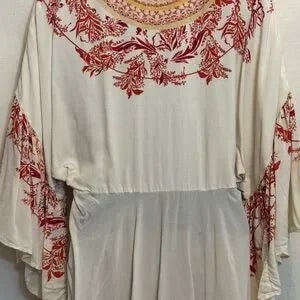 E-124 Free People Cream Red & Orange Ruffle Flowy Sleeve Pullover Blouse Size XS