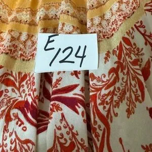 E-124 Free People Cream Red & Orange Ruffle Flowy Sleeve Pullover Blouse Size XS